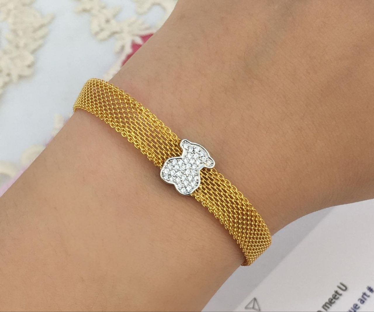 Pulsera Mesh Oso Bicolor Dorada